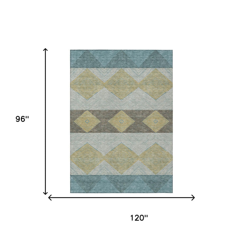 8 x 10 ft teal and gold geometric area rug, 96 in by 120 in dimensions