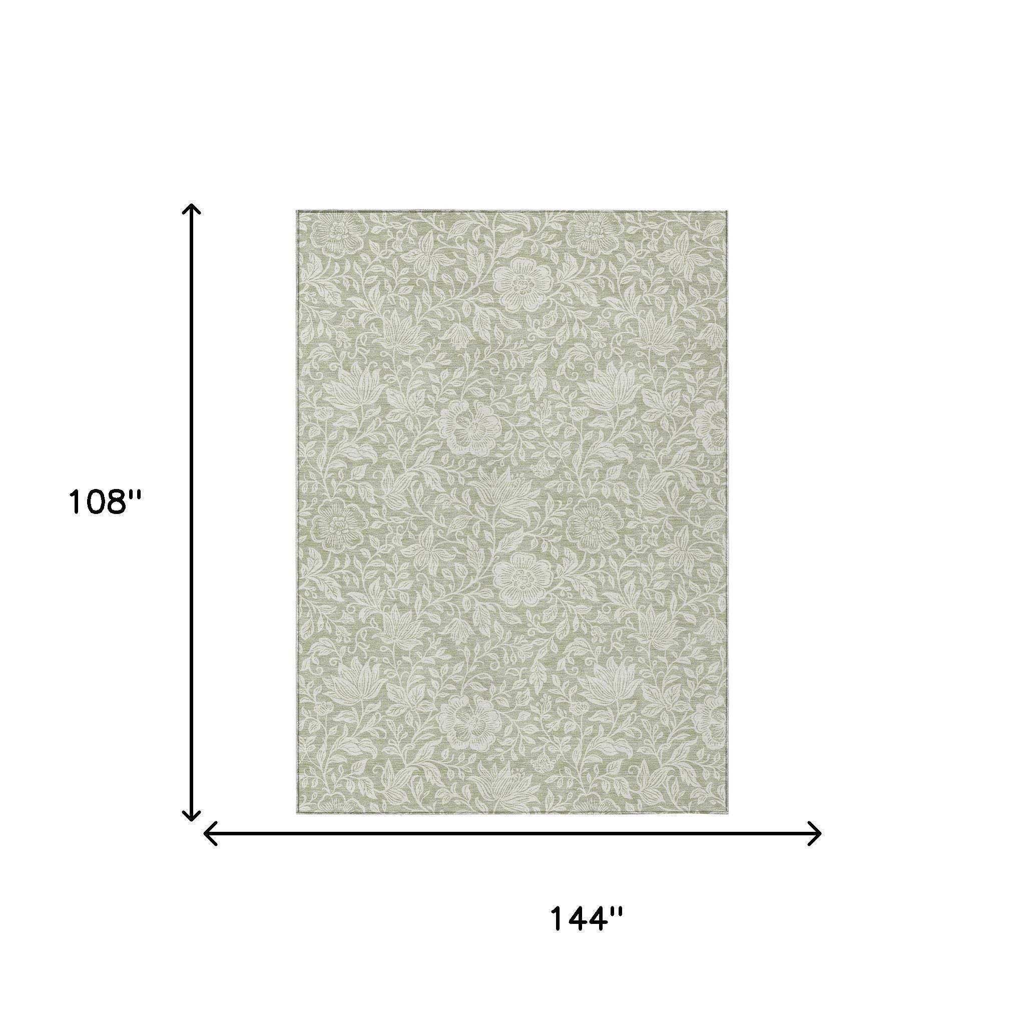Green and ivory floral indoor-outdoor rug, 144 in. by 108 in.