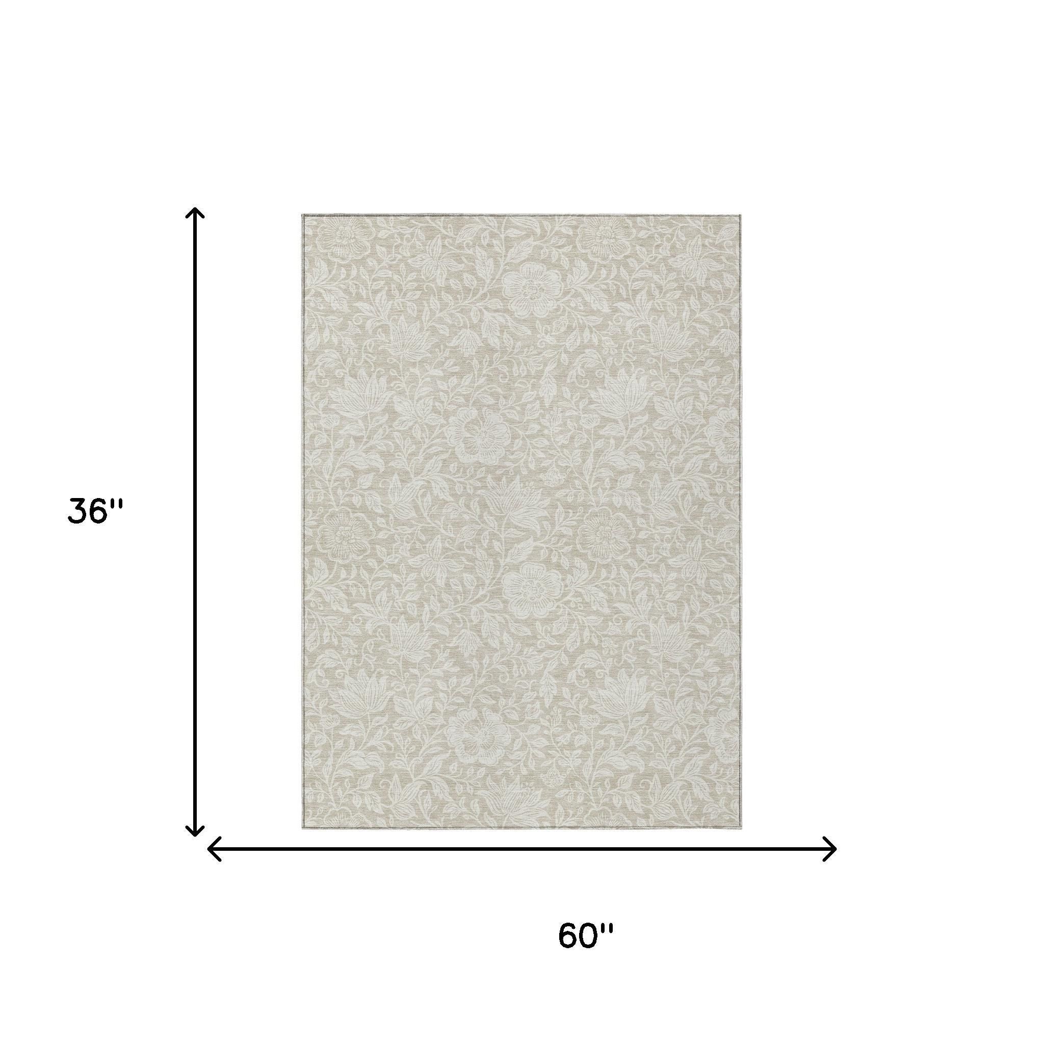 3 ft x 5 ft indoor outdoor area rug with beige and ivory floral pattern