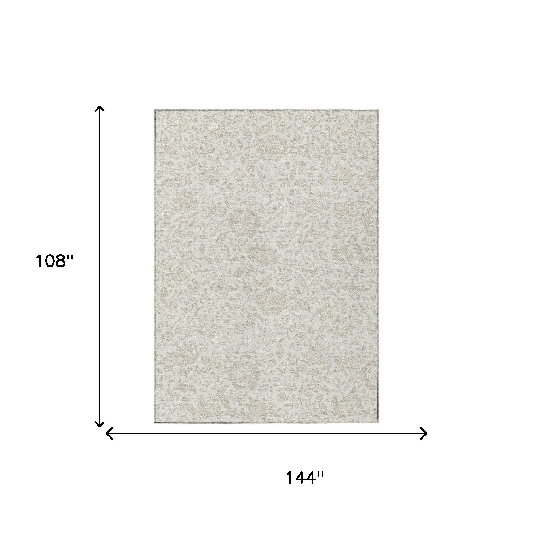 Rectangular ivory and beige floral area rug size diagram, 9 x 12 ft