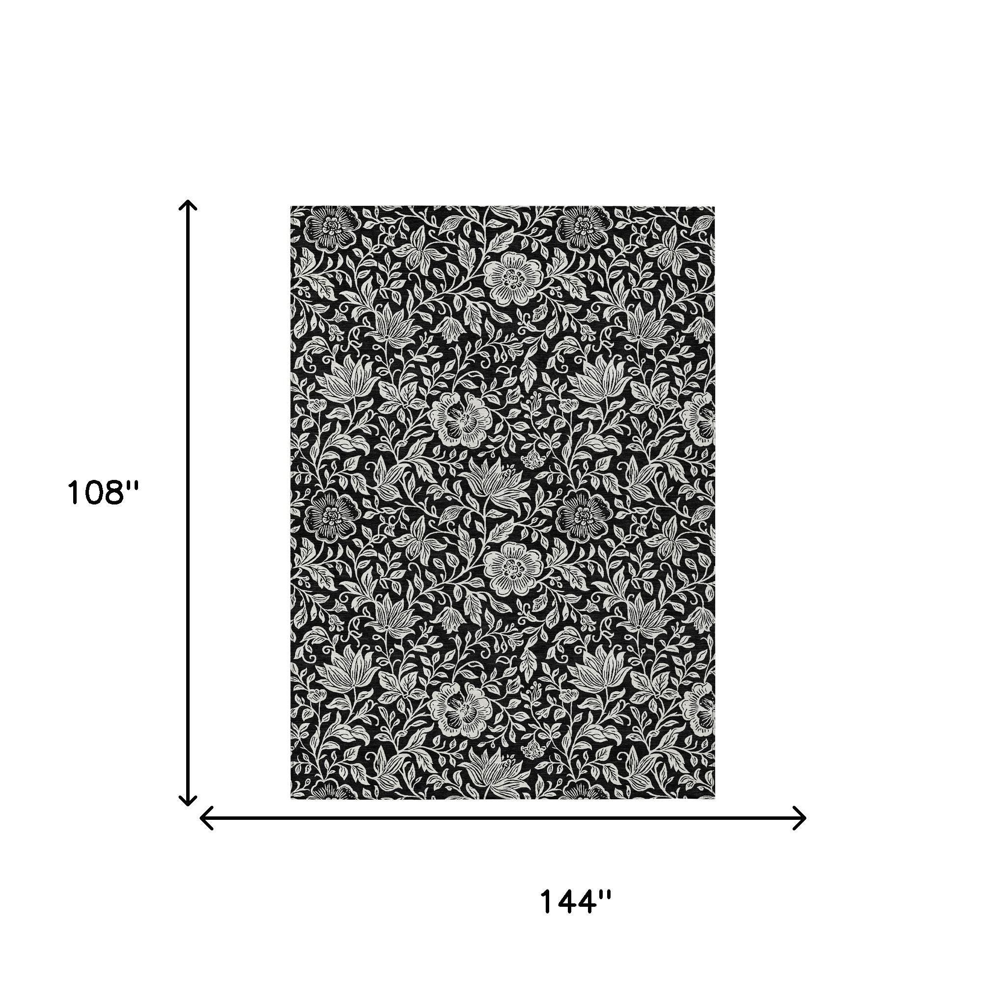 Rectangular black and ivory floral area rug, 108 x 144 in