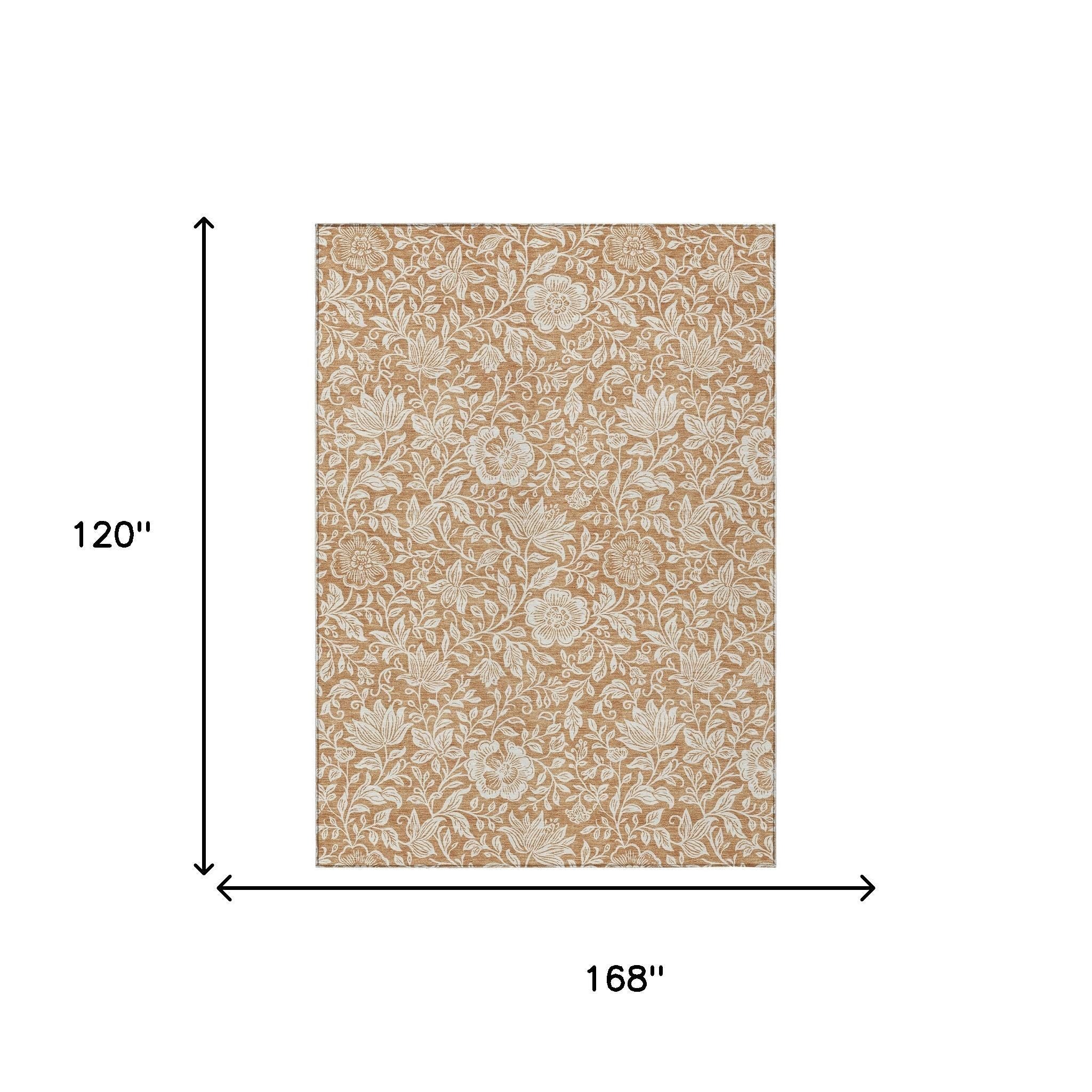 Copper and ivory floral area rug, 168 x 120 in rectangle measurement diagram