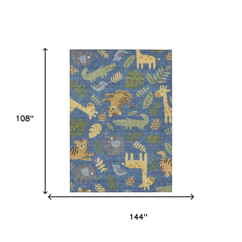 Abstract area rug rectangular layout with blue animal pattern and beige, green, and gray accents.