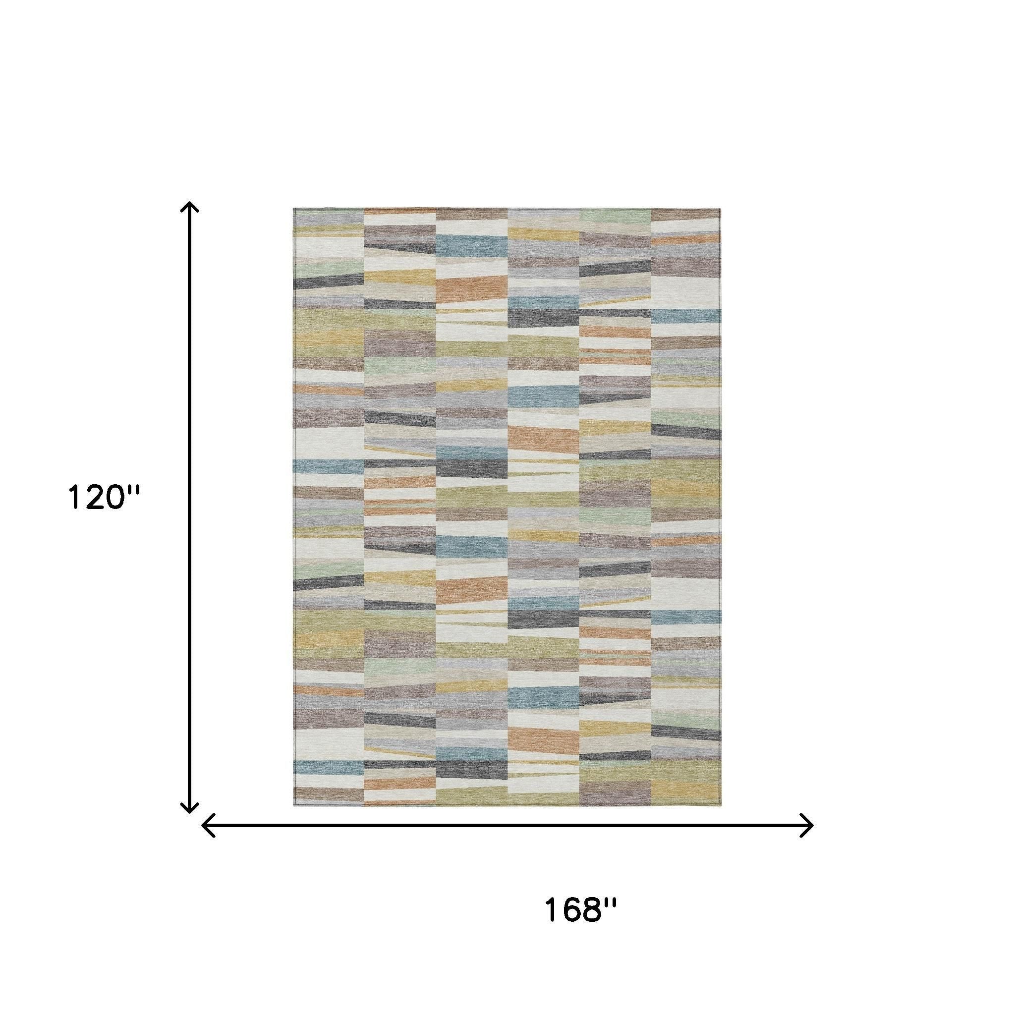 Rectangle rug size diagram with multicolor patchwork stripes in cream, teal, gray, and tan