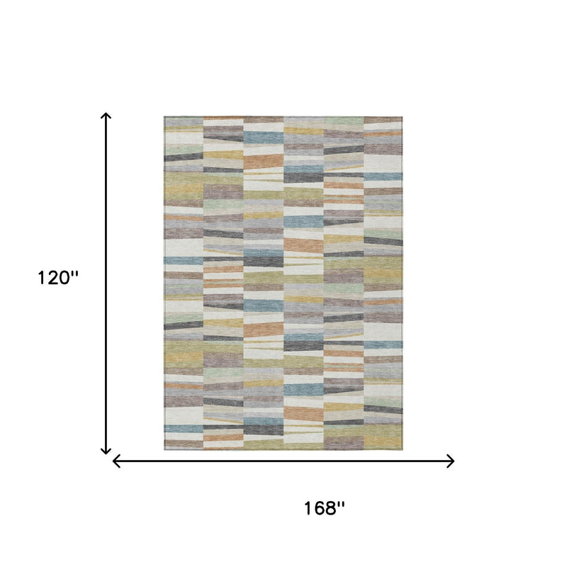 Rectangle rug size diagram with multicolor patchwork stripes in cream, teal, gray, and tan