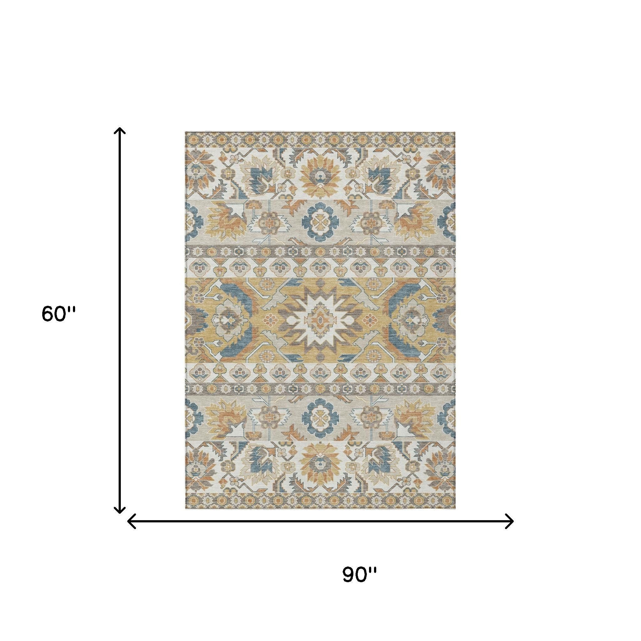 5' X 8' Ivory And Gold Cactus Washable Indoor Outdoor Area Rug - Sports & Outdoor