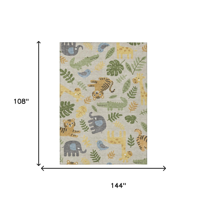 Beige jungle animal print area rug shown with 144" by 108" dimensions