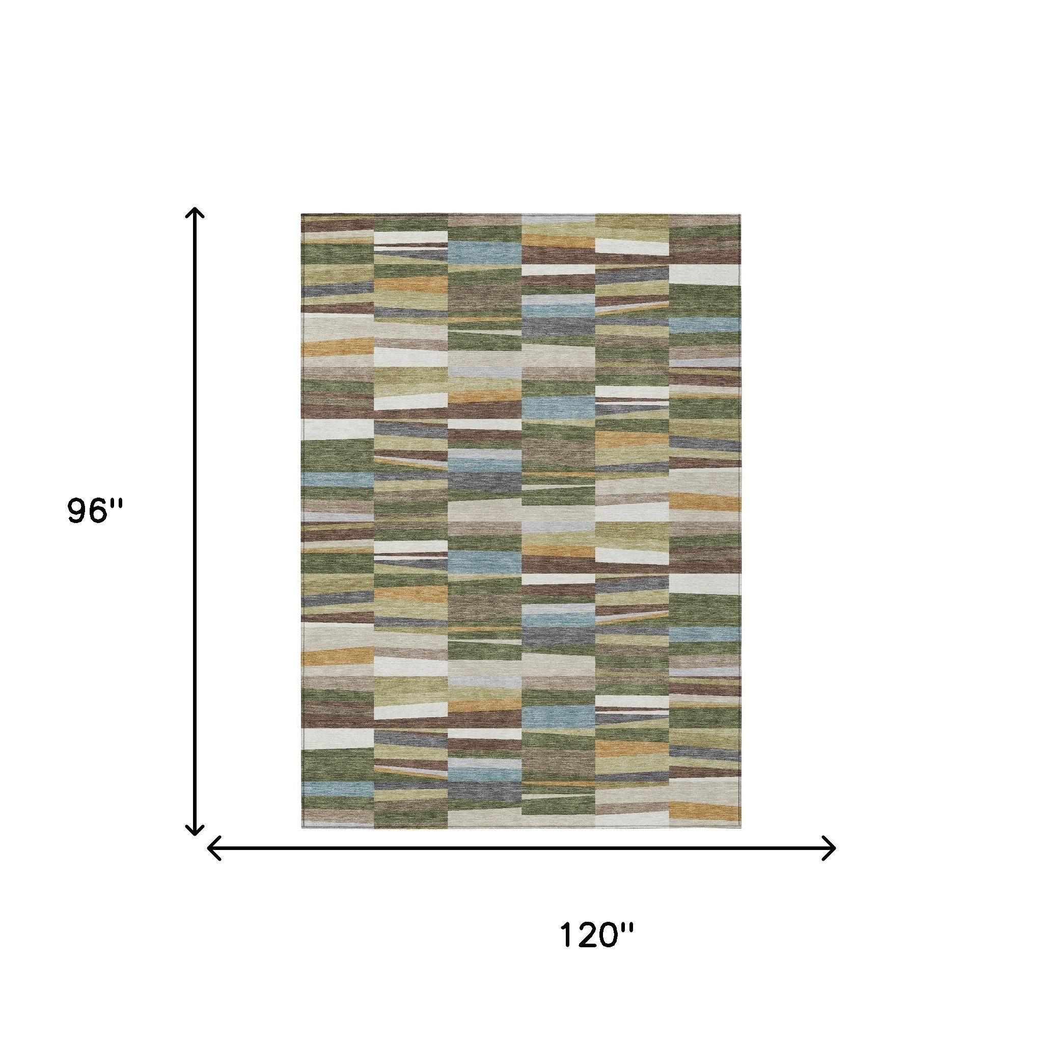 Washable indoor outdoor area rug, 8 x 10 ft, patchwork in olive and multi-color