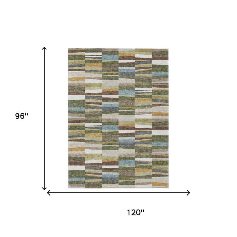 Washable indoor outdoor area rug, 8 x 10 ft, patchwork in olive and multi-color