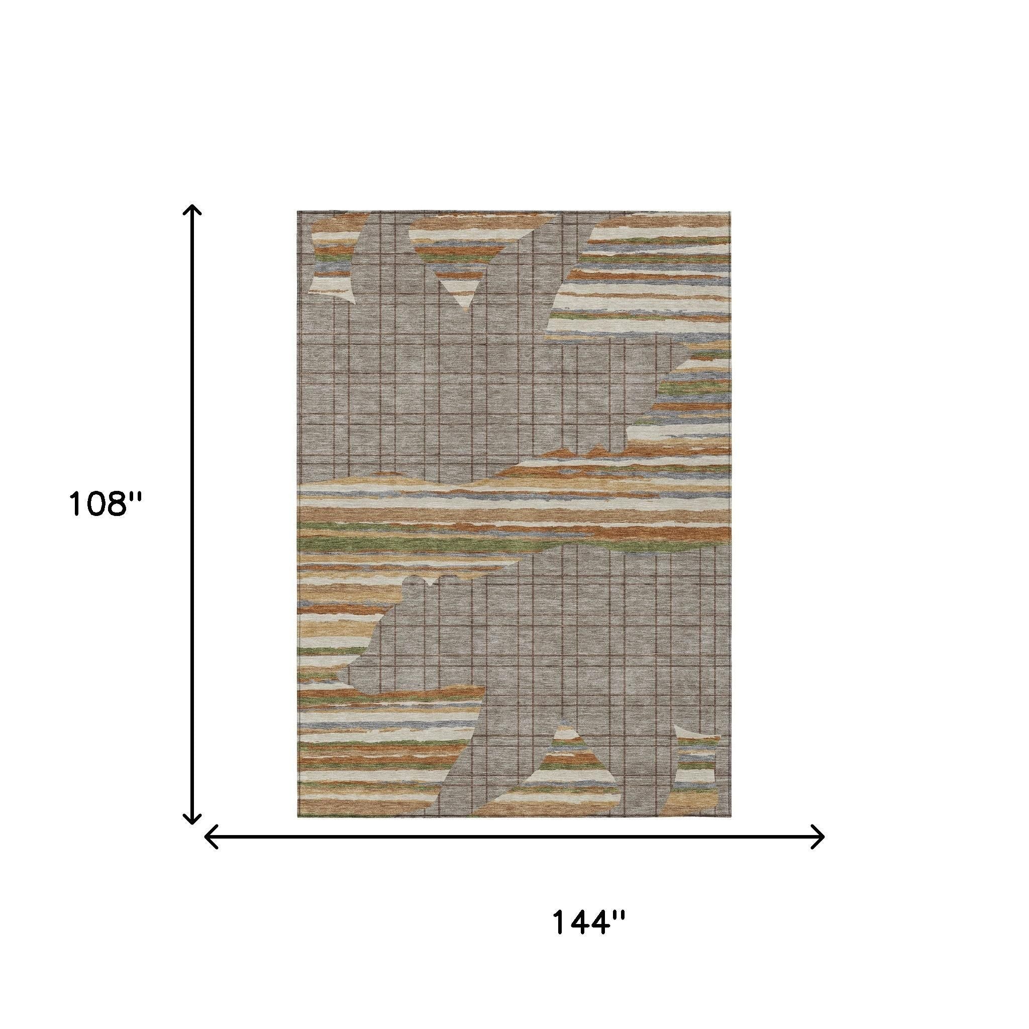 Taupe and ivory abstract area rug, 144 x 108 in rectangular design with grid and stripes