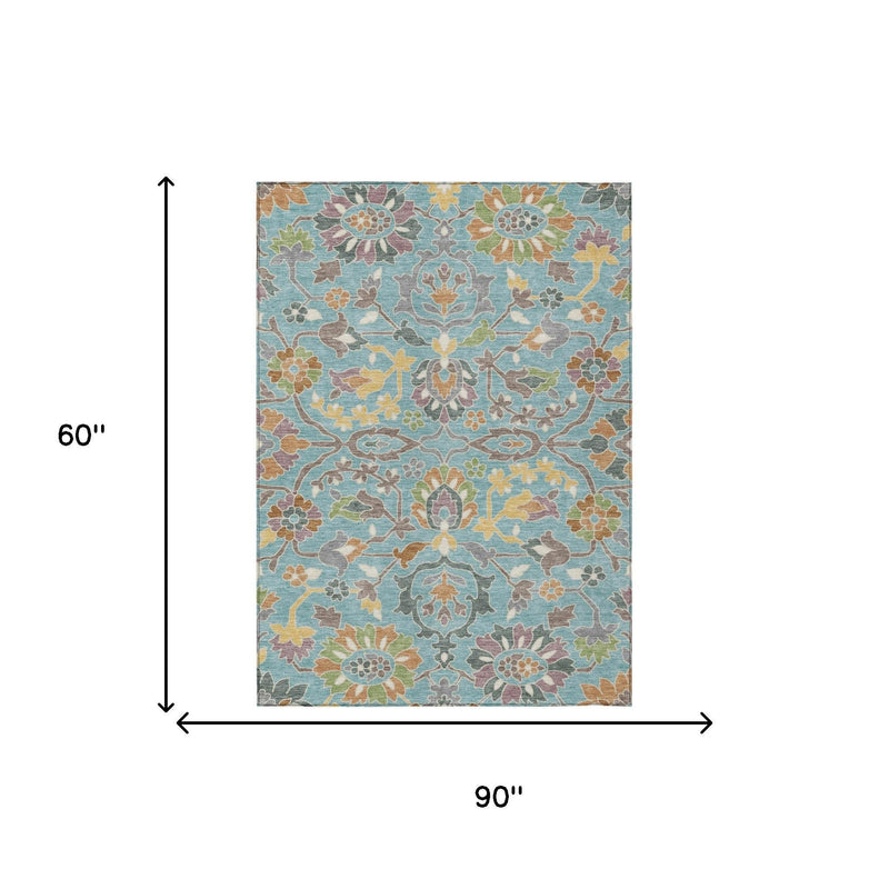 Teal blue floral area rug, 60 in x 90 in, multicolor medallion