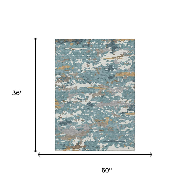Abstract area rug 60 in x 36 in, teal blue and ivory distressed pattern