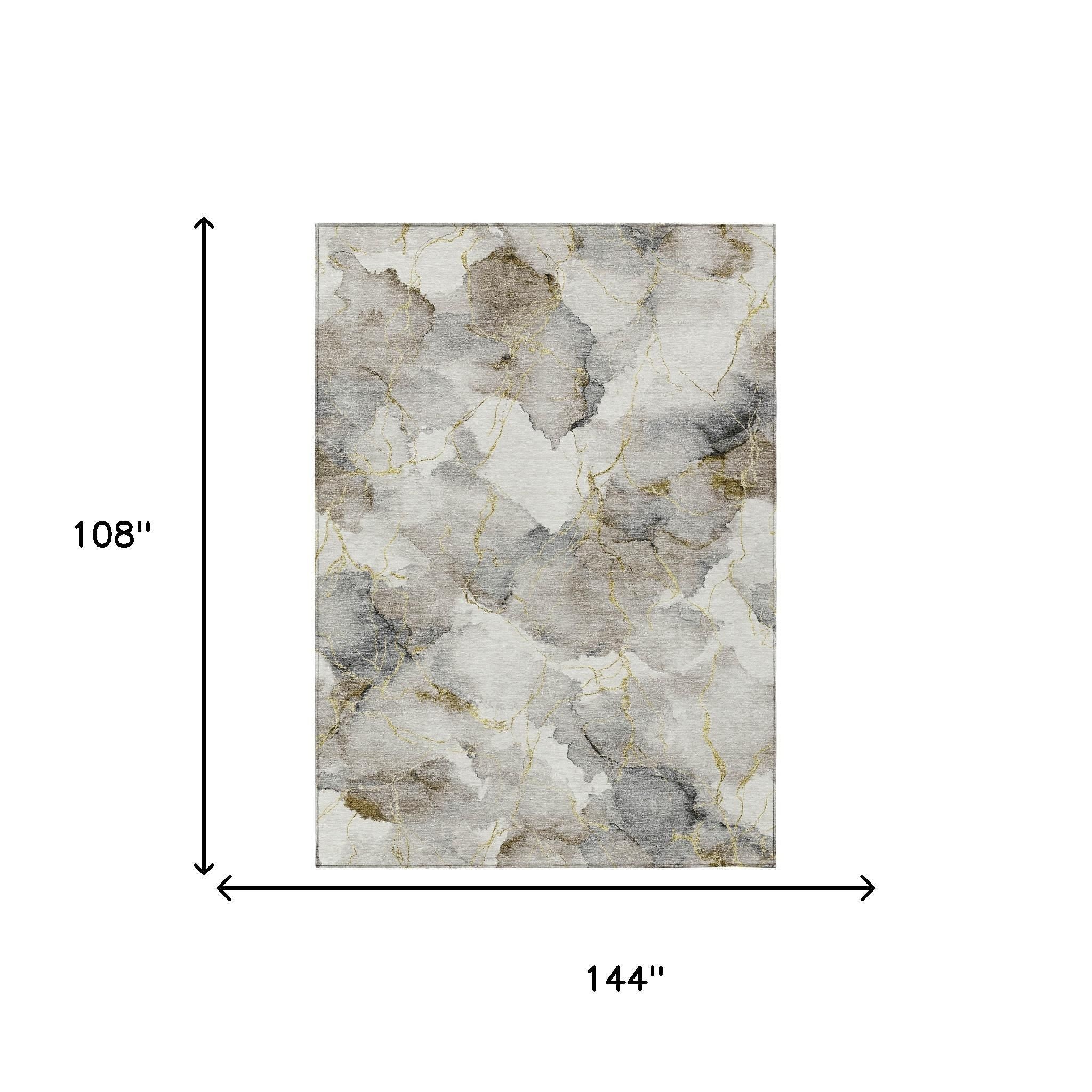 Abstract gray and cream area rug with gold accents, measuring 144" x 108", ideal for modern home decor.