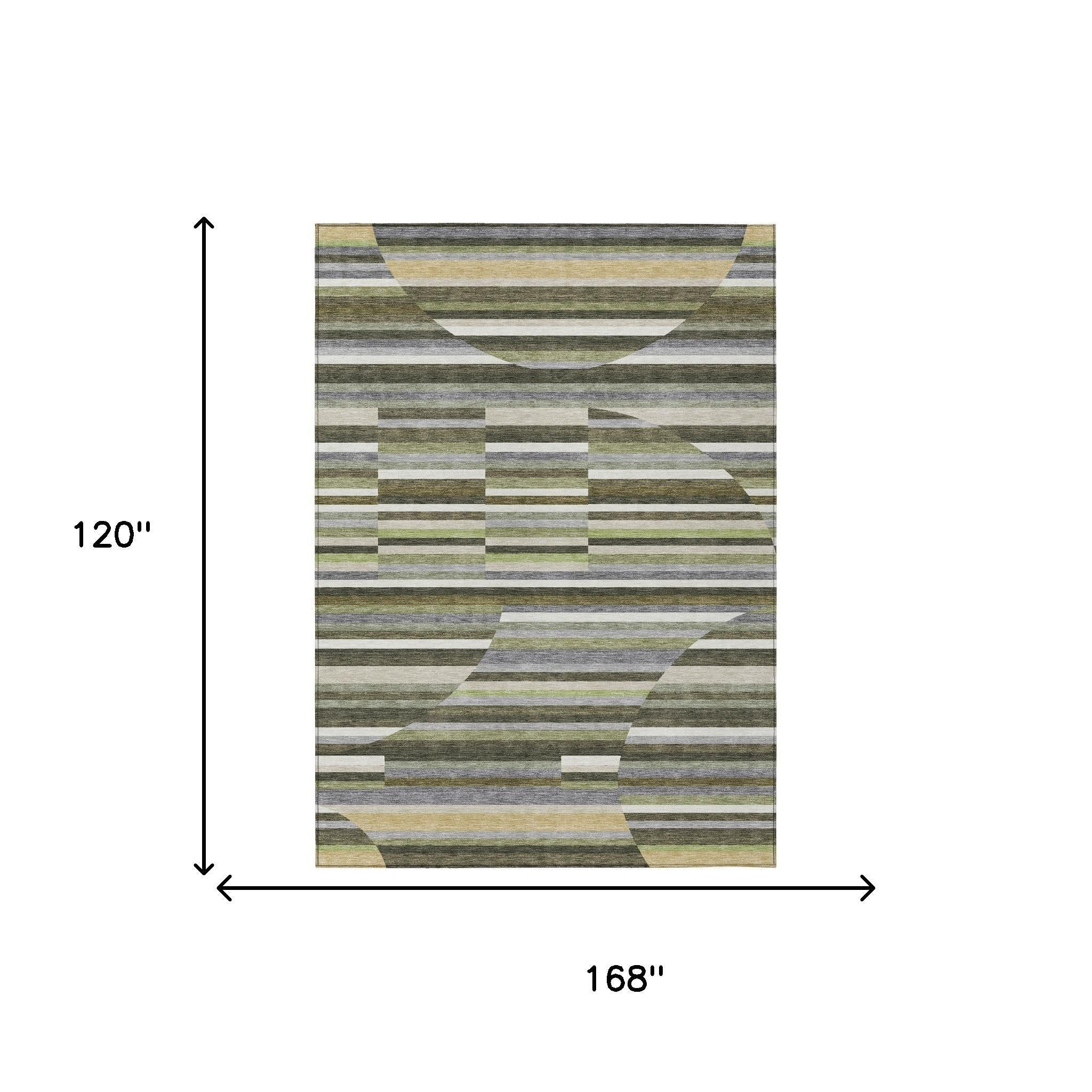 Multicolored geometric area rug, 14'x10', featuring stripes in green, gray, and cream, modern design, soft material.