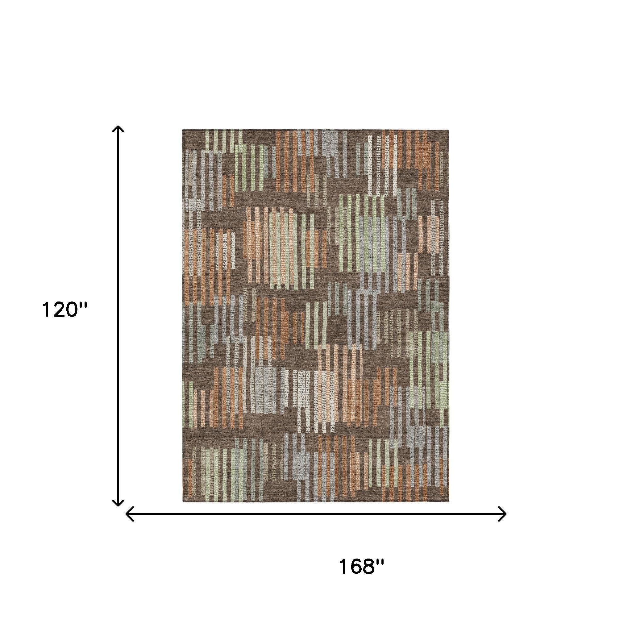 10' X 14' Coffee And Orange Striped Washable Indoor Outdoor Area Rug - Sports & Outdoor