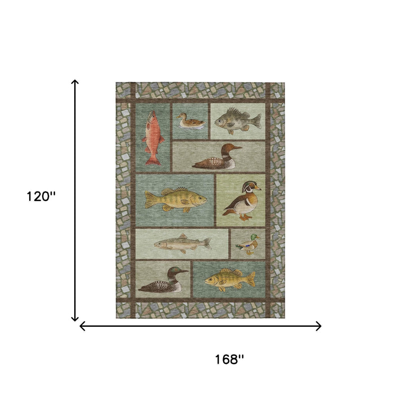 Indoor/outdoor area rug 10 ft x 14 ft with multicolor fish-and-bird patchwork