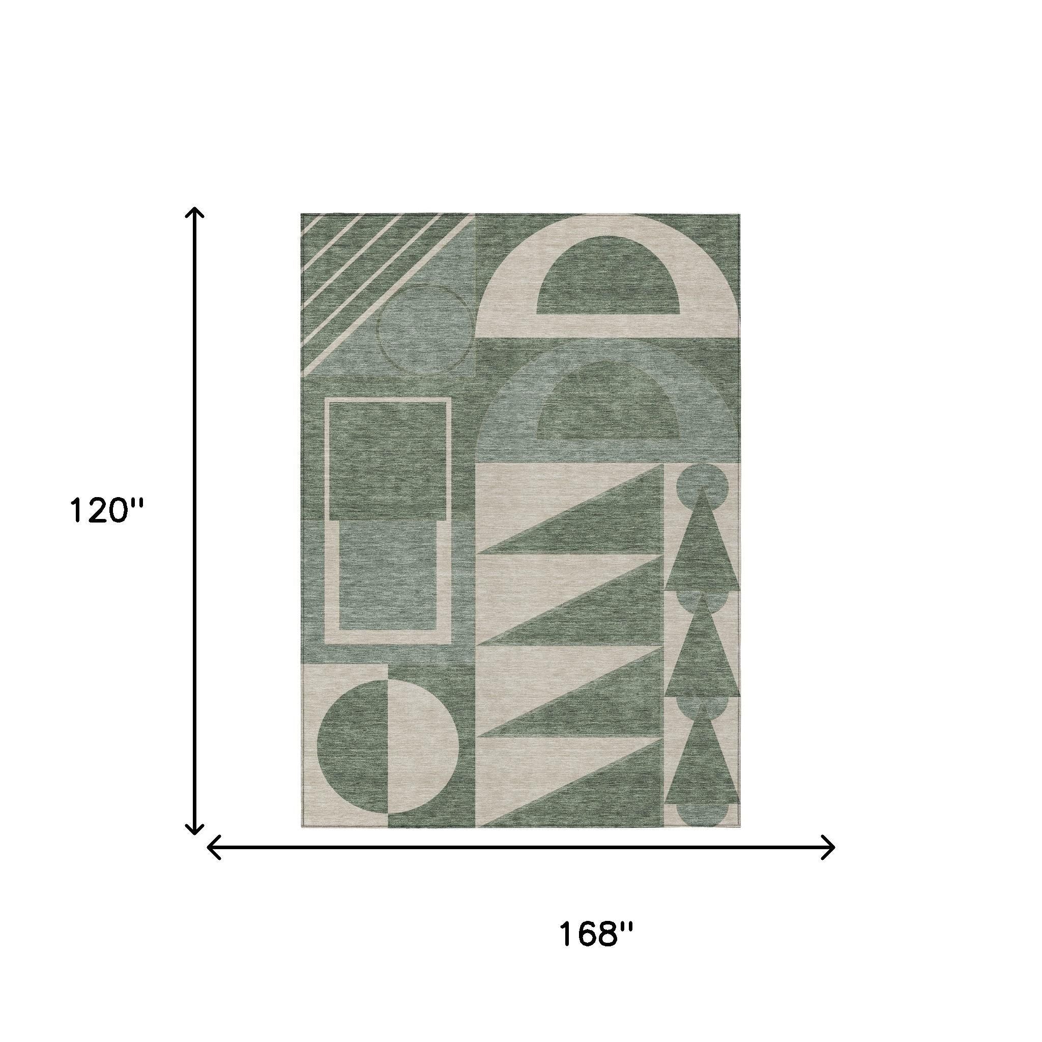 Green geometric area rug made of durable polyester, measuring 120" x 168", perfect for modern home decor.