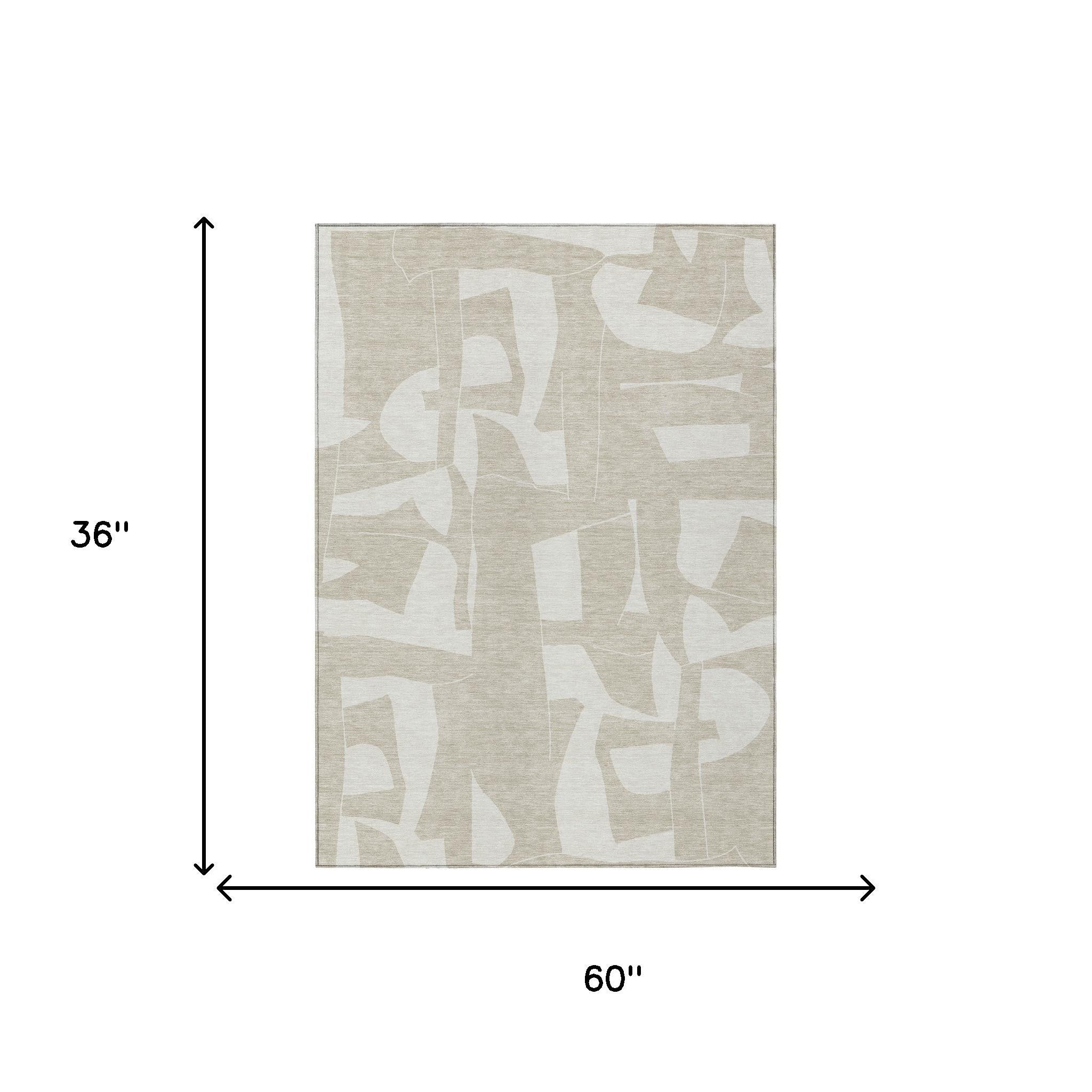 3' X 5' Beige And Ivory Geometric Washable Indoor Outdoor Area Rug - Outdoor | blocked-missing-media, blocked-out-of-stock,…