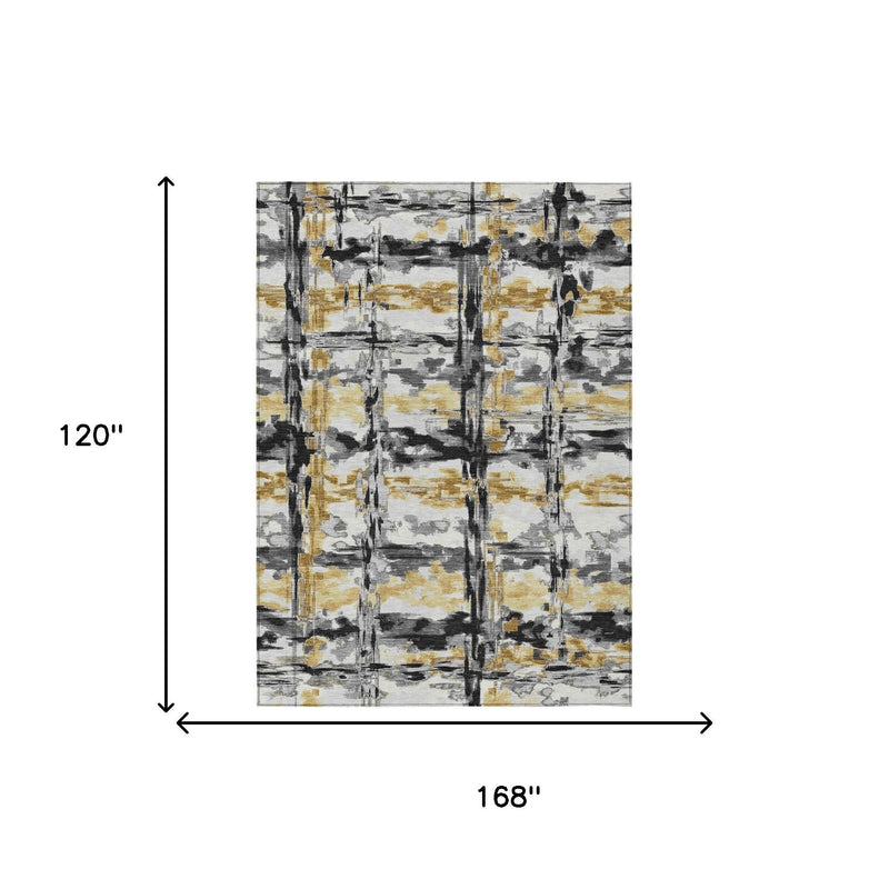 Abstract area rug size diagram, 168 in by 120 in, gray and gold pattern