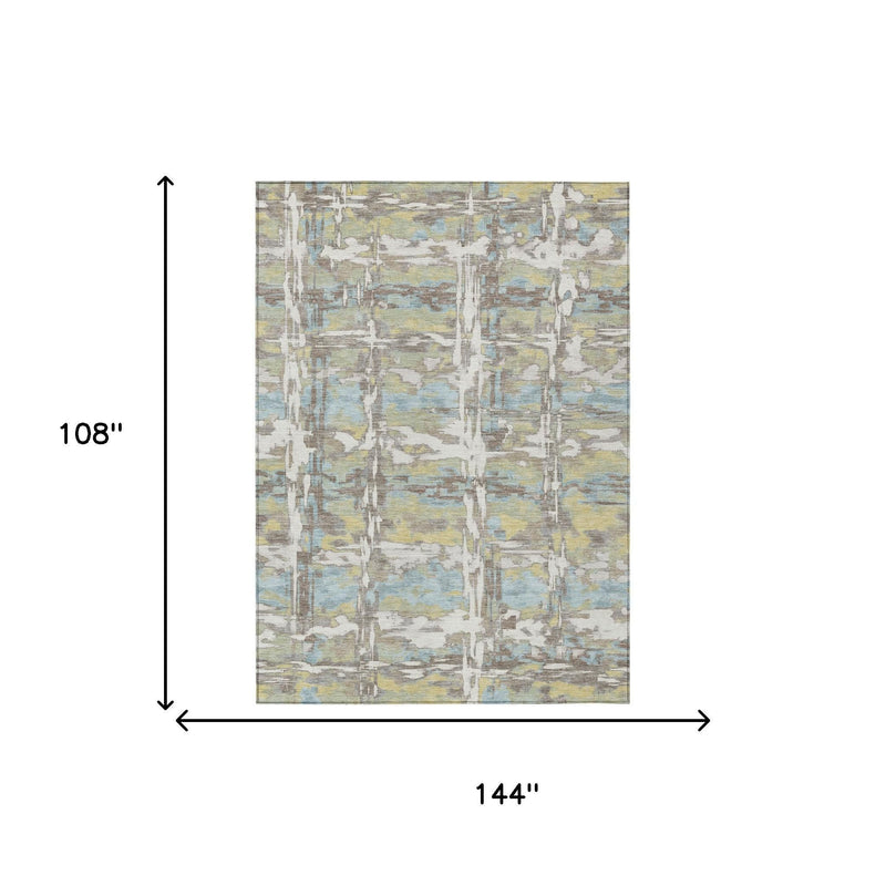 Abstract area rug, 9 x 12 ft, ivory with green and blue distressed pattern
