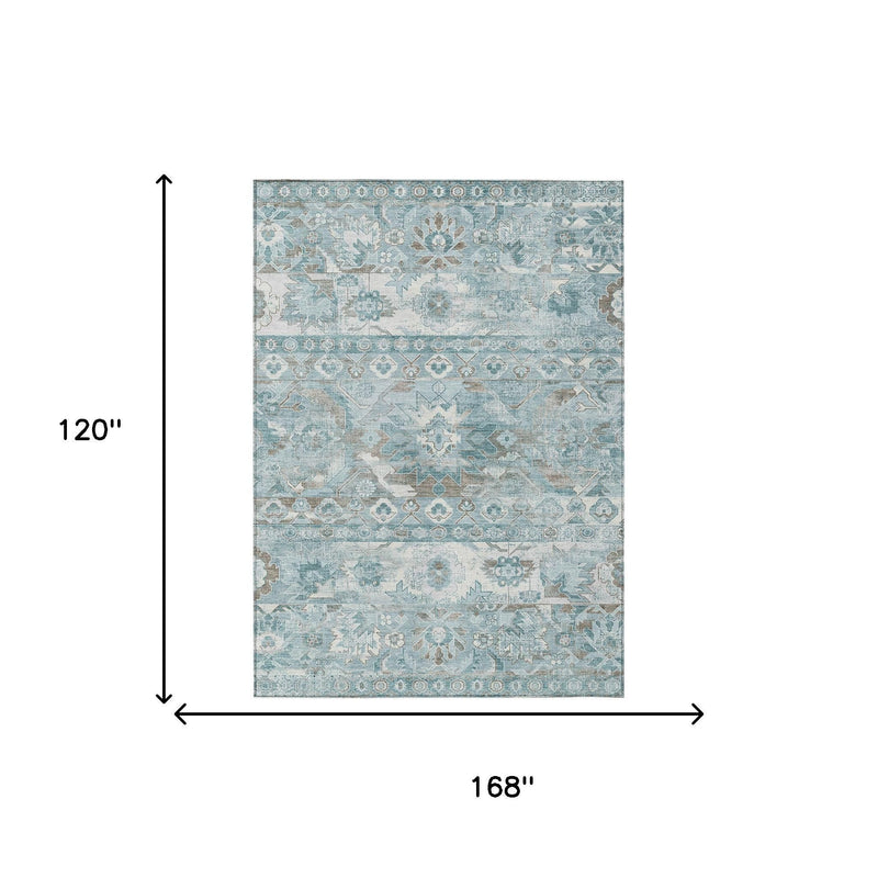 Rectangular teal and silver area rug, 120 x 168 in size diagram.