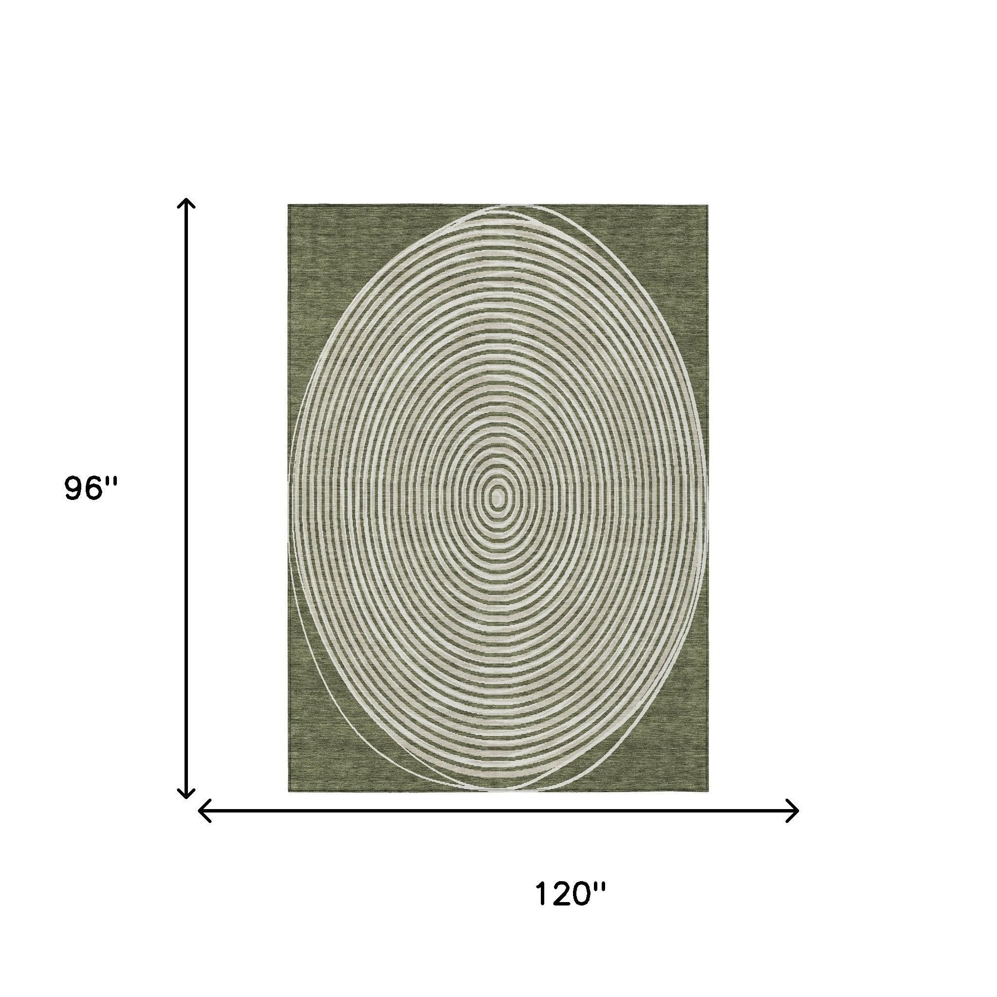 Oval green area rug with beige concentric circle design, 120"x96", perfect for modern or contemporary decor.
