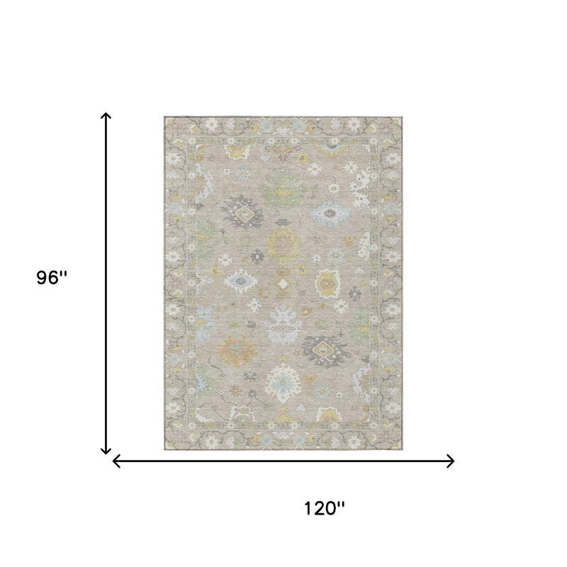 Rectangular rug size diagram, 96 in x 120 in, ivory and gray with pastel medallions