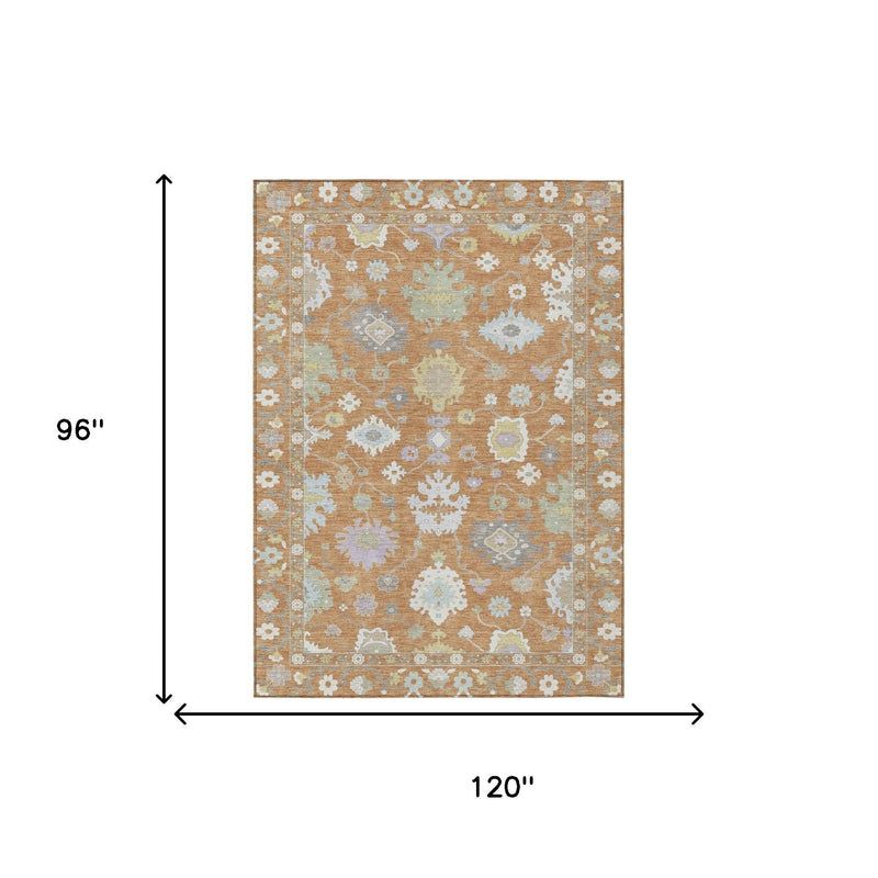 Copper and gold oriental area rug, 8 x 10 ft, light blue floral pattern