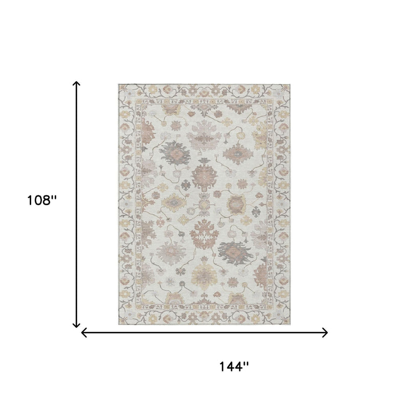 Ivory oriental area rug layout diagram with light blue-gray and tan floral pattern and border