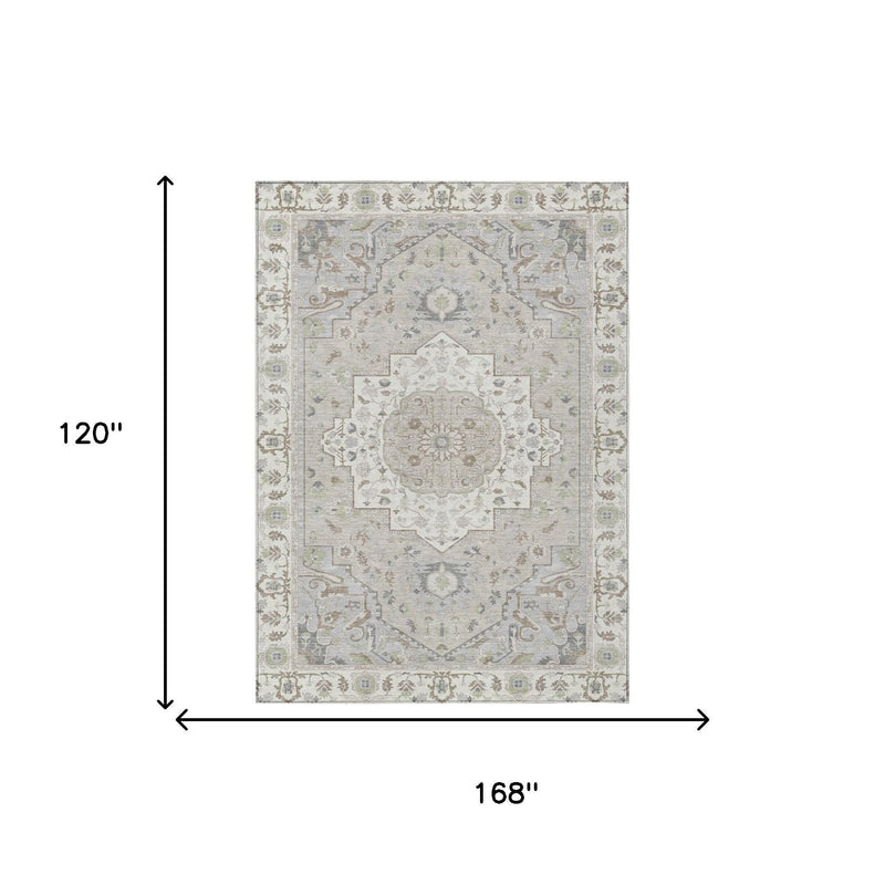 Ivory oriental rug with medallion design; size shown 168 in x 120 in