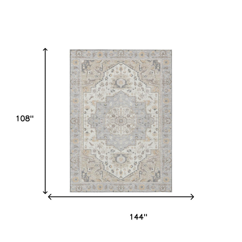 Rectangular oriental area rug, cream center with light blue and gray medallion