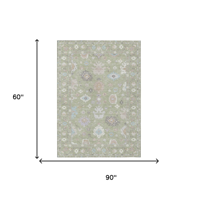 Light green and teal oriental area rug, 60 x 90 inches, washable indoor/outdoor