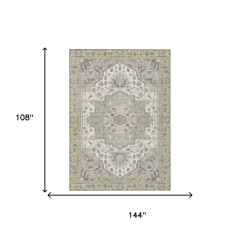 Green oriental rug, 9 x 12 ft (108 x 144 in), cream floral medallion pattern