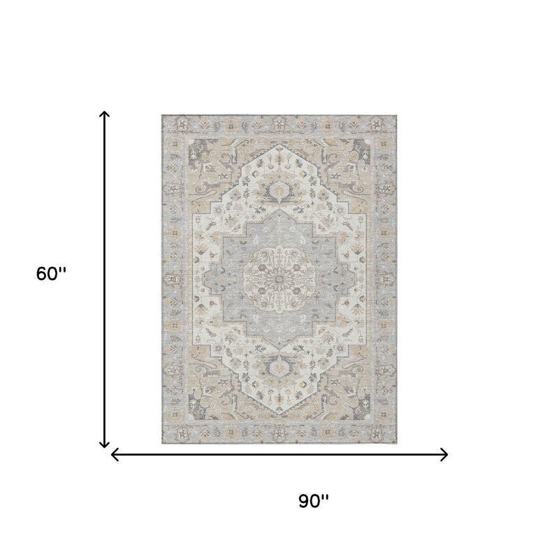 Rectangular oriental area rug, 90" x 60", light gray and cream with muted blue details