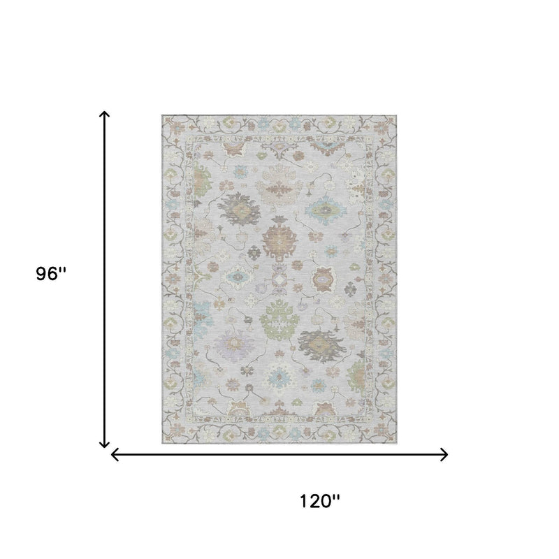 Rectangular light gray oriental rug with multicolor floral medallions, shown with dimensions