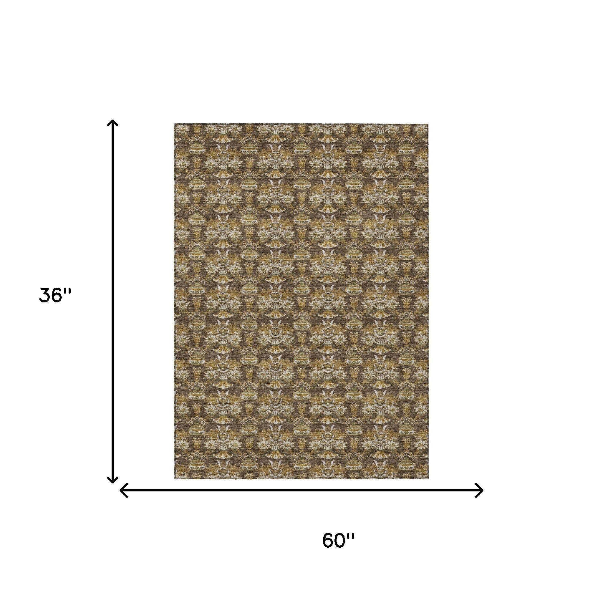 3' X 5' Chocolate And Copper Floral Washable Indoor Outdoor Area Rug - Sports & Outdoor
