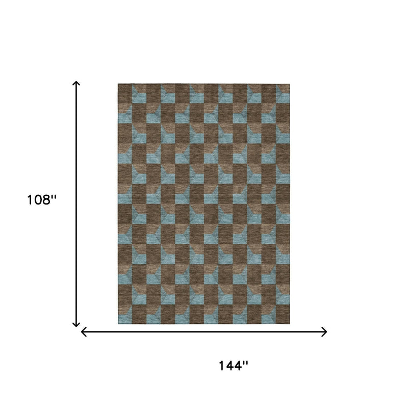 Geometric area rug, 144 x 108 in, brown and light blue block pattern