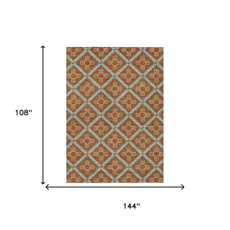 Geometric area rug with brown diamond pattern and light blue borders, size diagram shown