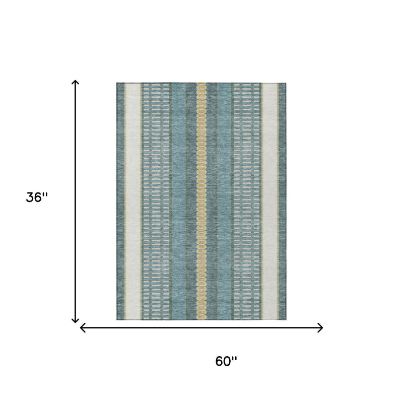 Teal and gold vertical stripe area rug, rectangular with border trim