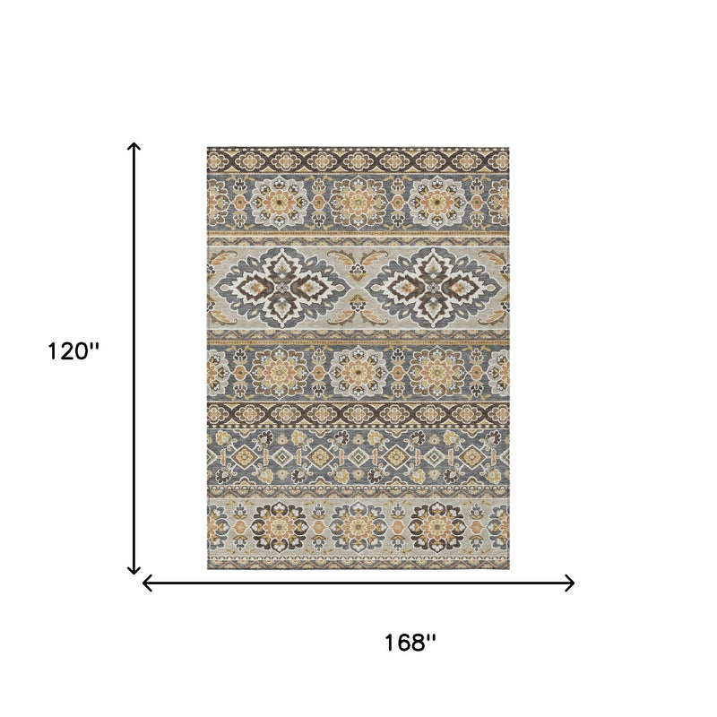 Gray and ivory tribal area rug size diagram, 168 in by 120 in