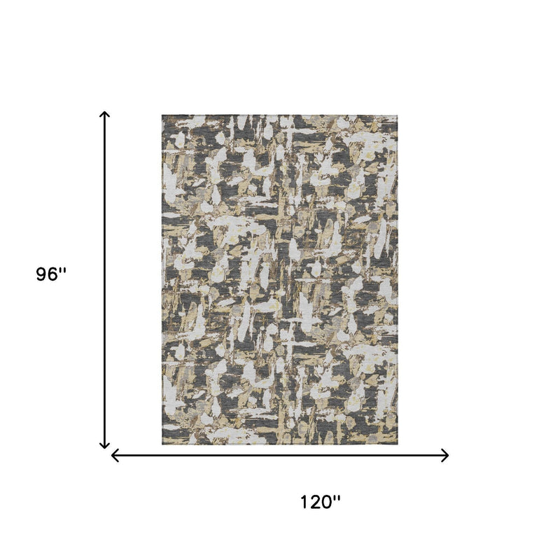 Abstract area rug dimensions: 120 in wide by 96 in long, graphite and ivory.