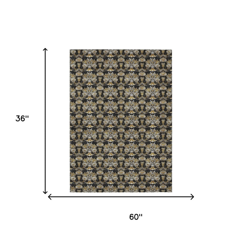3x5 area rug, 36 in by 60 in, black with gold floral medallion pattern