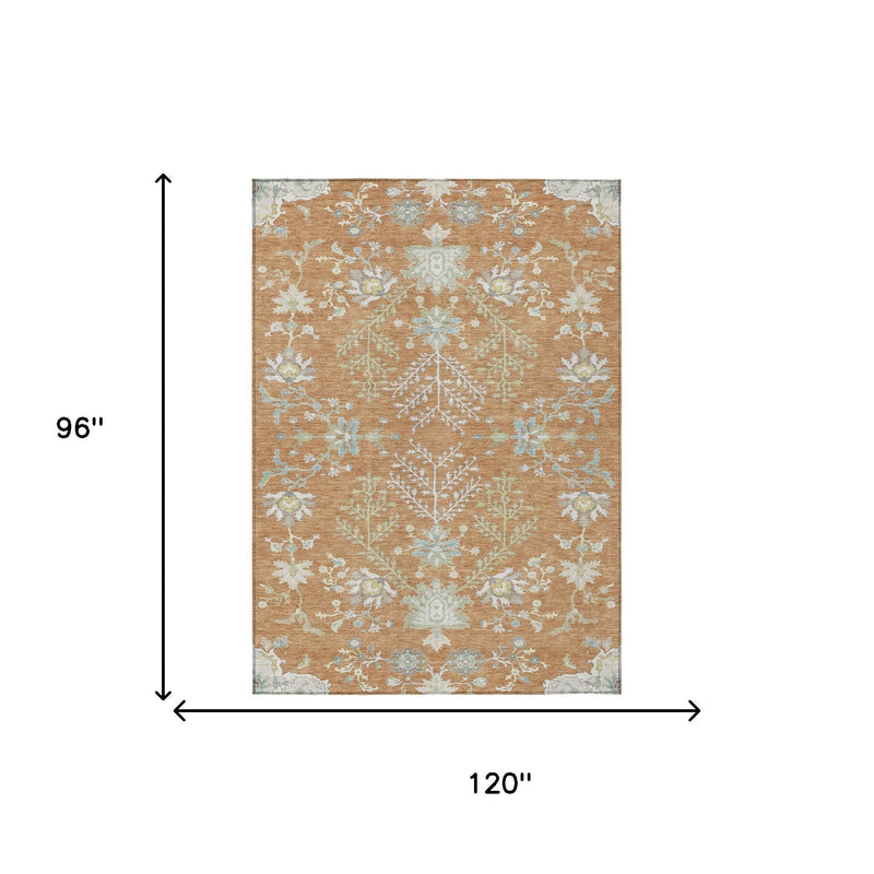 Rectangular oriental area rug showing copper tan field with ivory and pale blue pattern