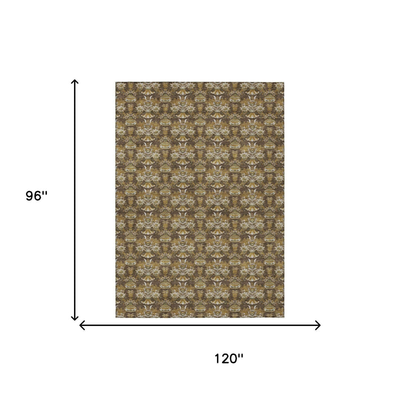 Floral patterned area rug, 120 x 96 in, repeating damask motifs in brown and cream