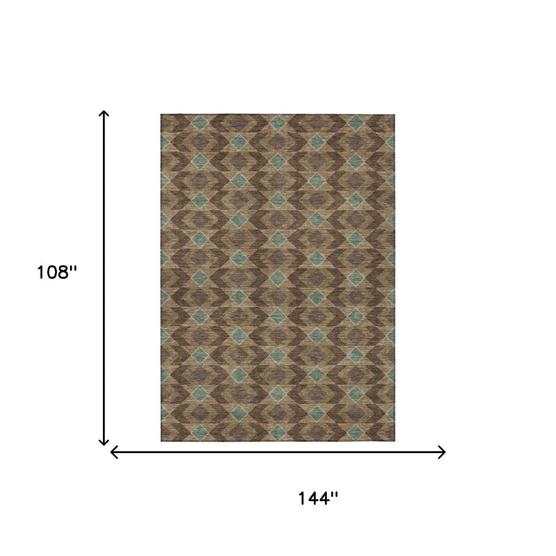Rectangular geometric area rug, brown with teal diamonds, 9 x 12 ft