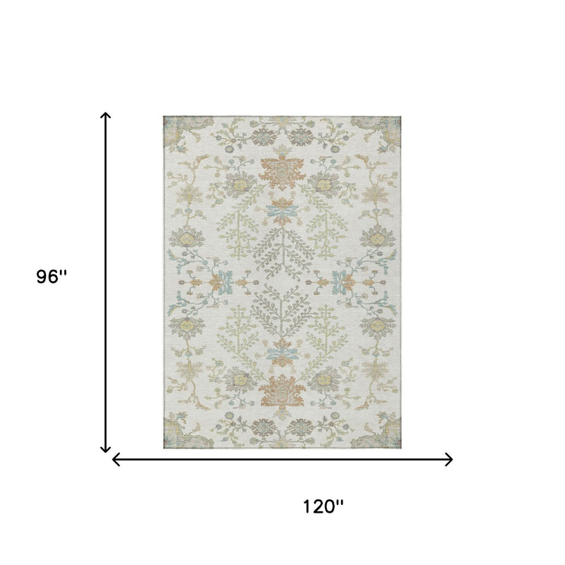 Ivory oriental area rug with floral motif; size diagram shows 8 x 10 ft