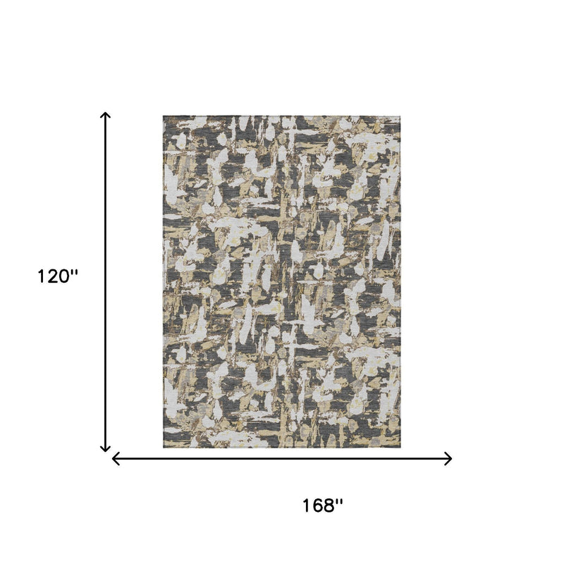 Abstract rug, graphite gray and ivory distressed pattern, 168 in by 120 in