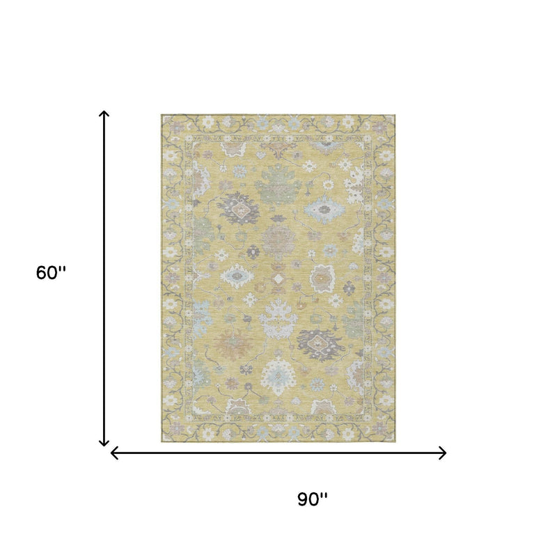 Wheat yellow oriental rug size diagram, 90 x 60 in with ornate border