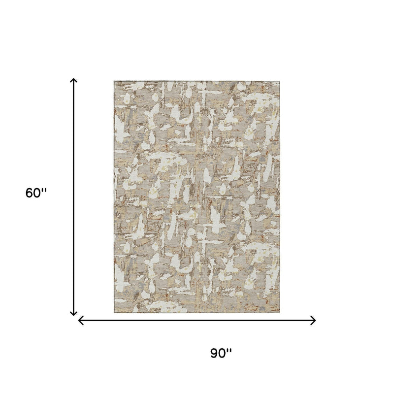 Beige and gray abstract area rug, 60 in x 90 in size shown on diagram.