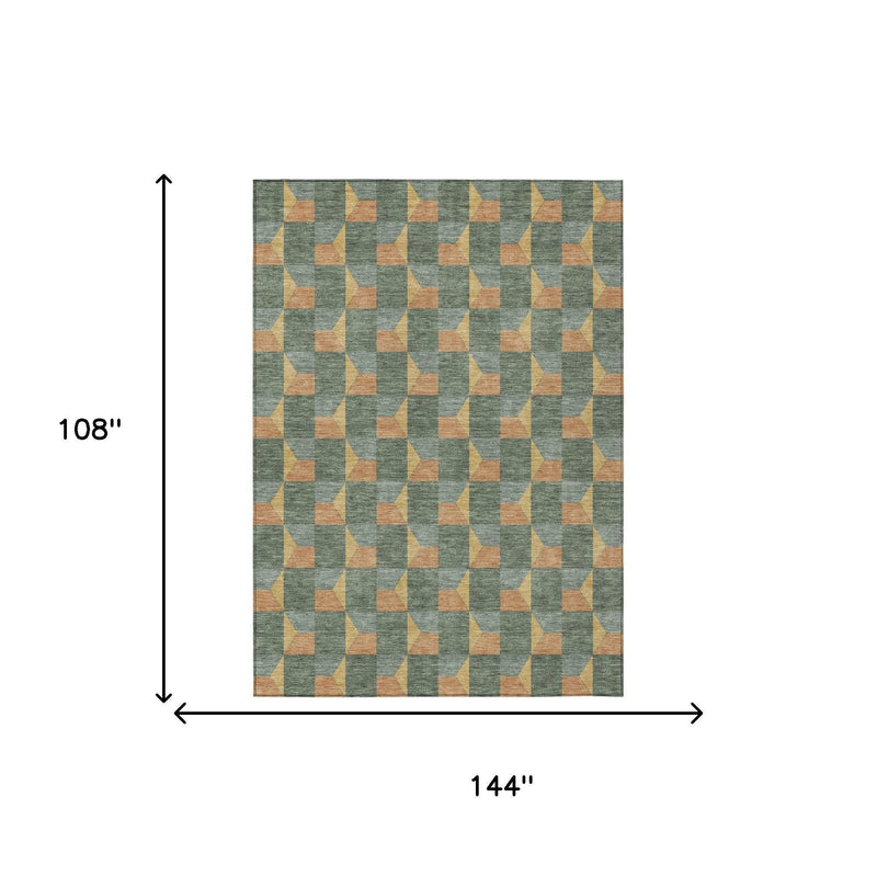 Geometric area rug with woven pattern and size illustration